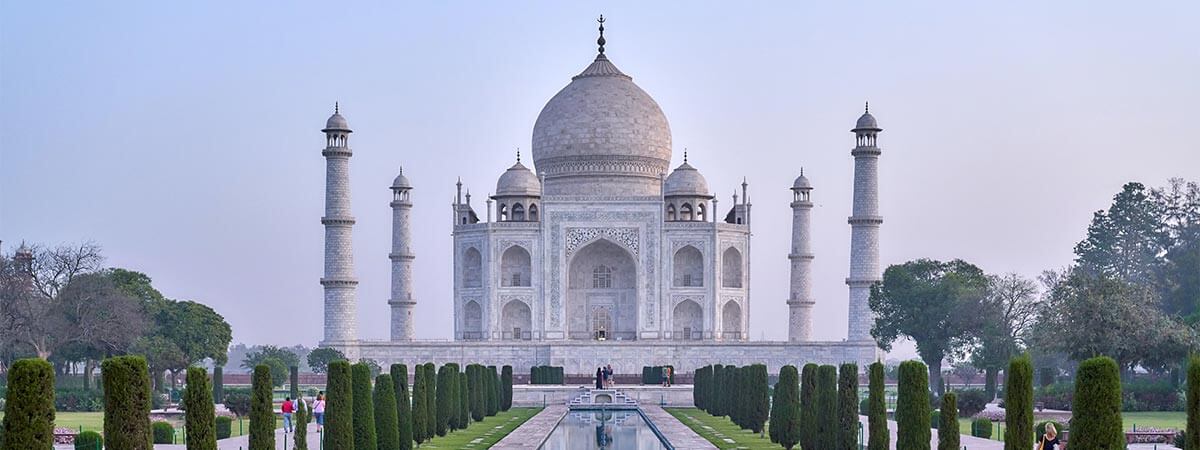 The famous view of the taj mahal temple on holiday in india.