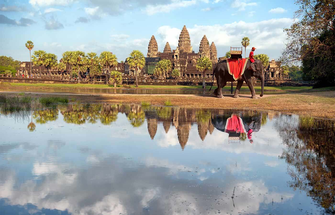 The majestic view of Siam Reap in Cambodia, with an elephant carrying a man dressed in red, walking in front of the temple.