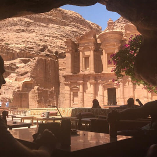 The view of Petra through the rocks in Jordan.